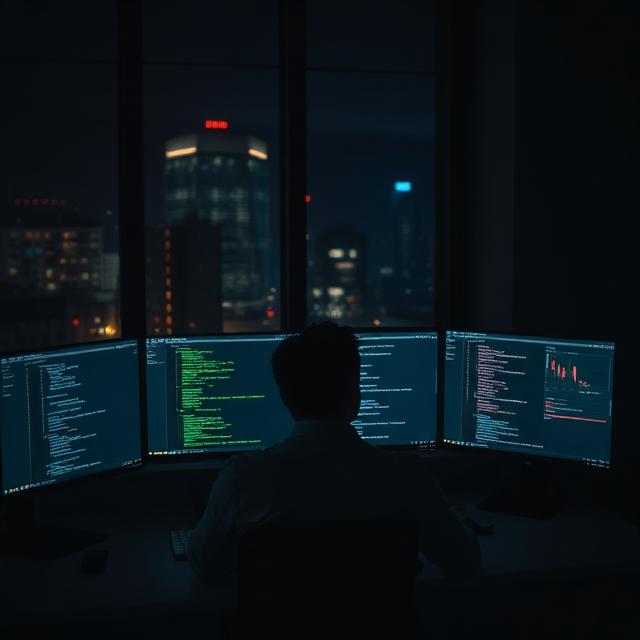 Developer working in front of multiple monitors late at night